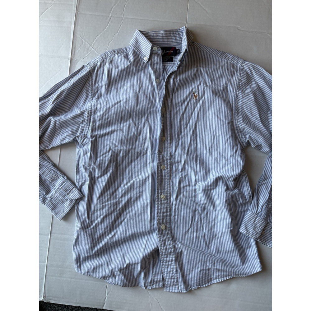 Ralph Lauren Boys Size 12 Blue White Stripe Button Down Horse Logo Preppy